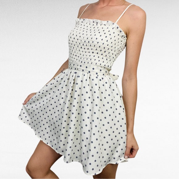 Francesca's Mi Ami | Ivory & Grey Polka Dot Belted Smocked Sleeveless Mini Dress - Picture 10 of 12